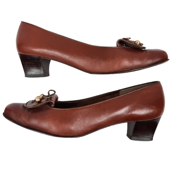 Salvatore Ferragamo Chestnut Leather Loafer Pumps Bow Tie Size 8 Women's - Picture 9 of 13